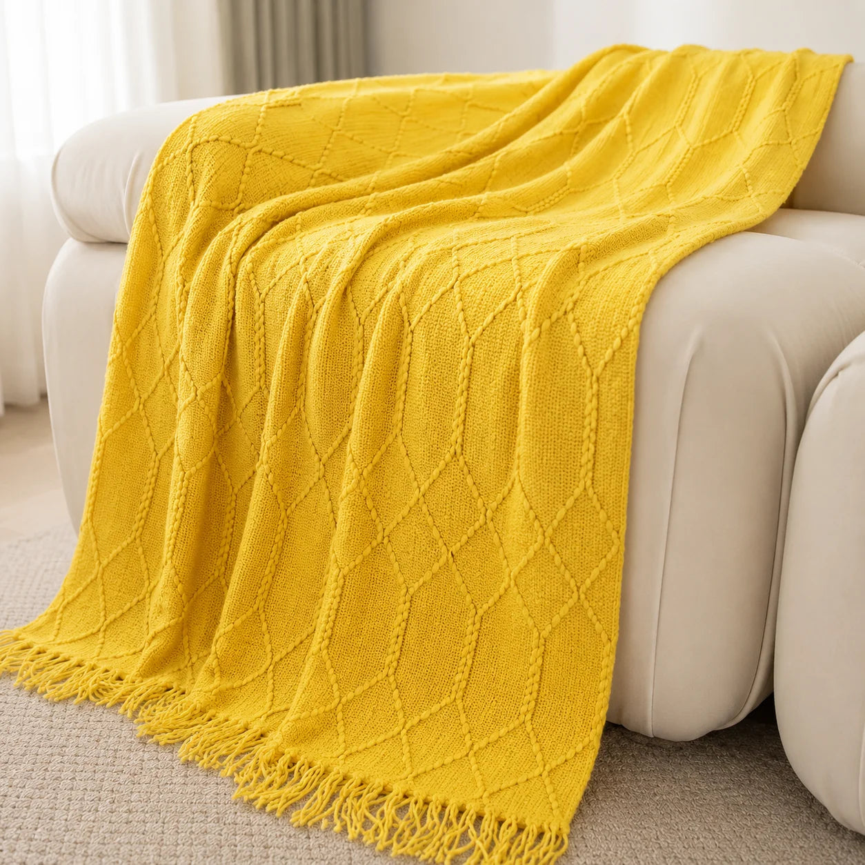 Textured Knit Throw Blanket with Tassel Fringe, Soft Knitted Decorative Blanket,