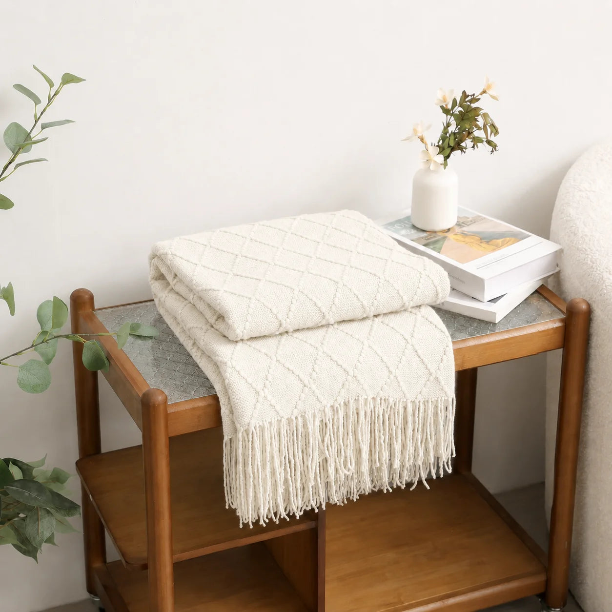 Cream Popcorn Bobble Textured Knit Throw Blanket with Tassel Fringe,