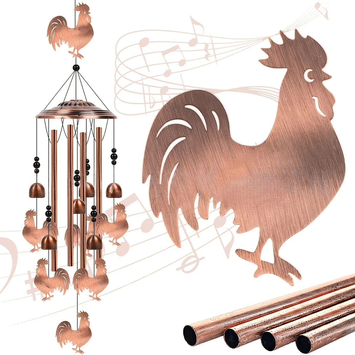 Rooster Wind Chime - Aluminum Tube Wind Chime with S-Hook,