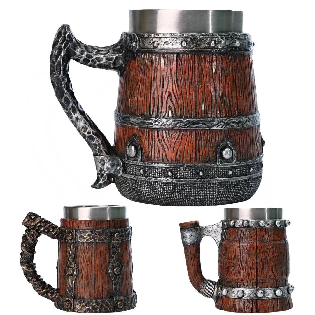 Viking Imitation Wood Resin Beer Mug -Handmade Stainless Steel Line