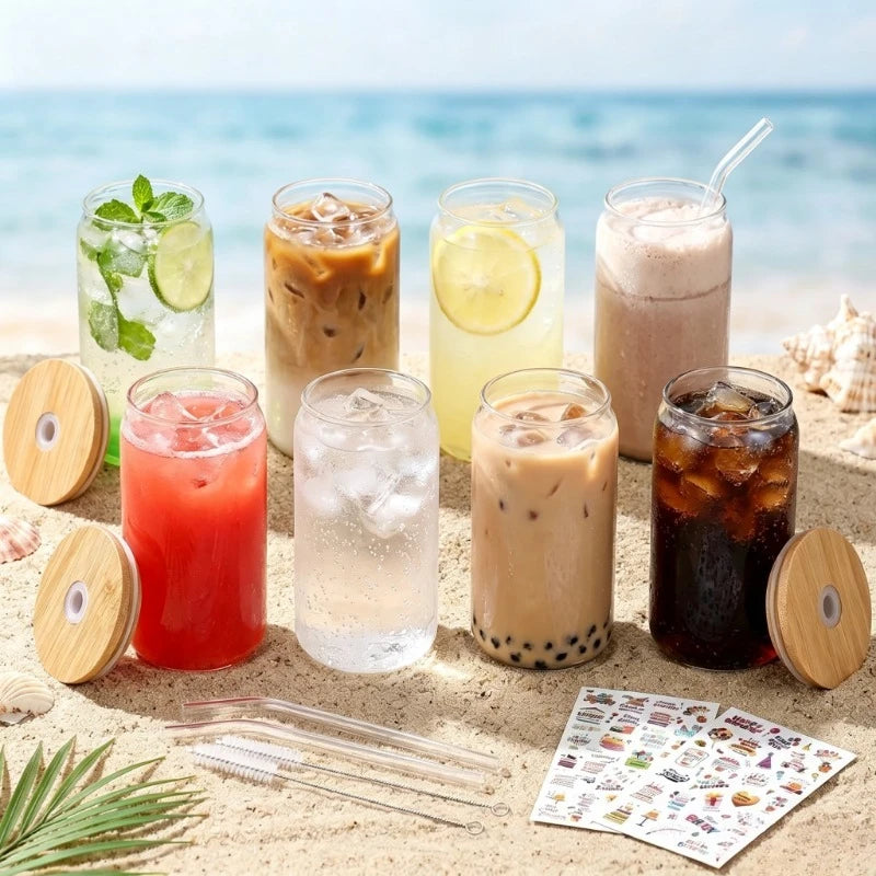 8 Pack Can‑Shaped Glass Cups Set with Bamboo Lids, Clear Iced Coffee Drinking Glass Tumbl