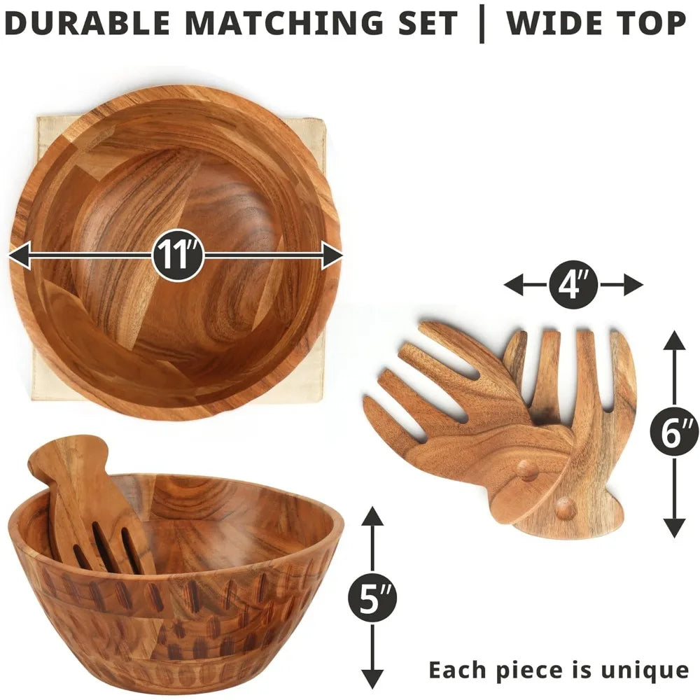 Large Acacia Wood Salad Bowl Set - Utensils and Placemat