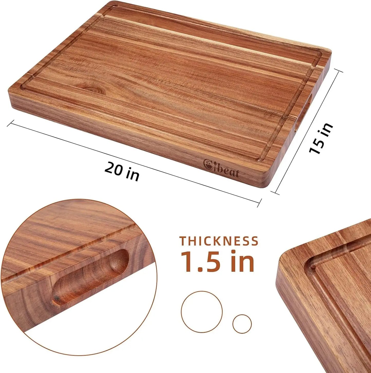 Acacia Wooden Cutting Board  Thick Chopping Board With Side Handles