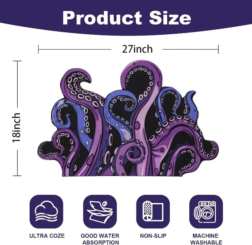 Green & Purple Cthulhu Bath Mat - Absorbent Non-Slip Octopus