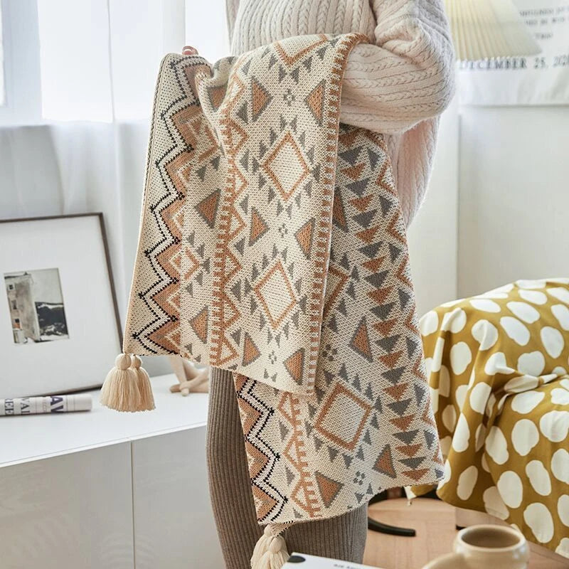 Boho Throw Blankets Knitted Brown Tassel