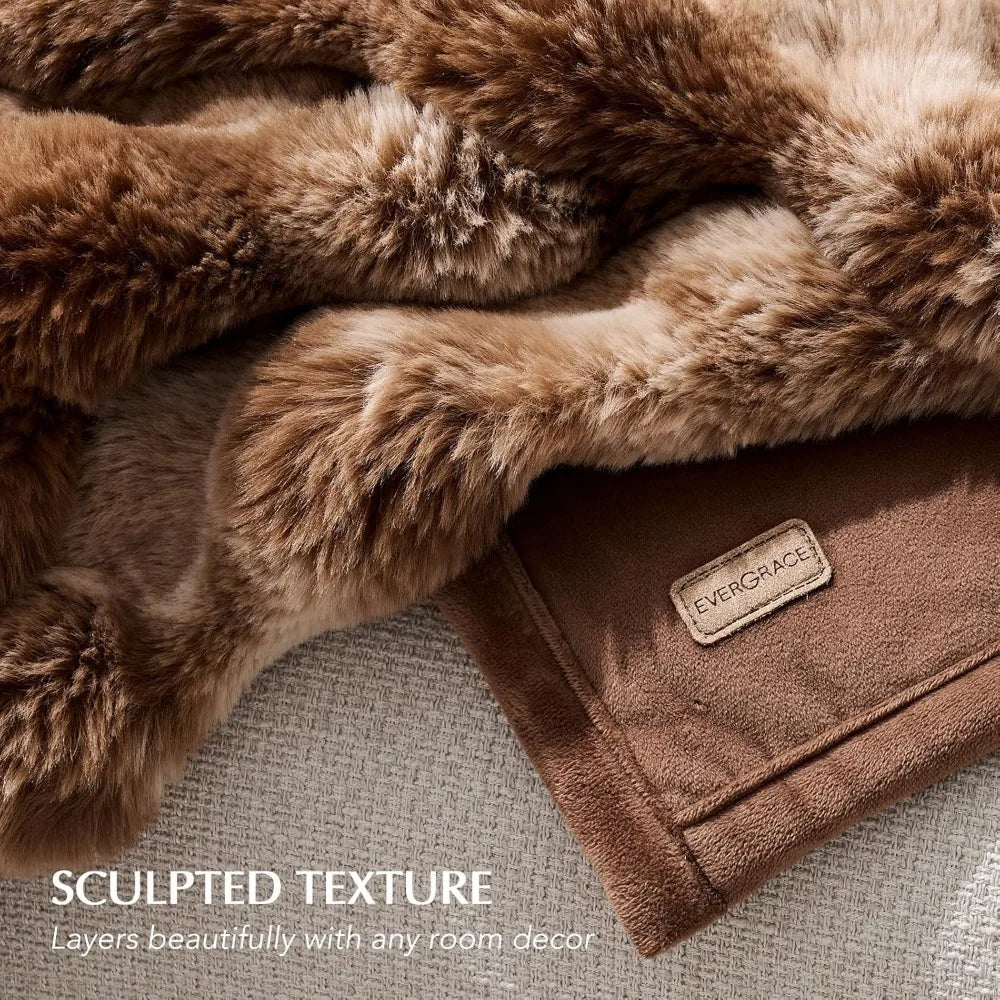 Ultra Soft Luxury Fluffy Faux Rabbit Fur Throw Blanket, Thick Warm