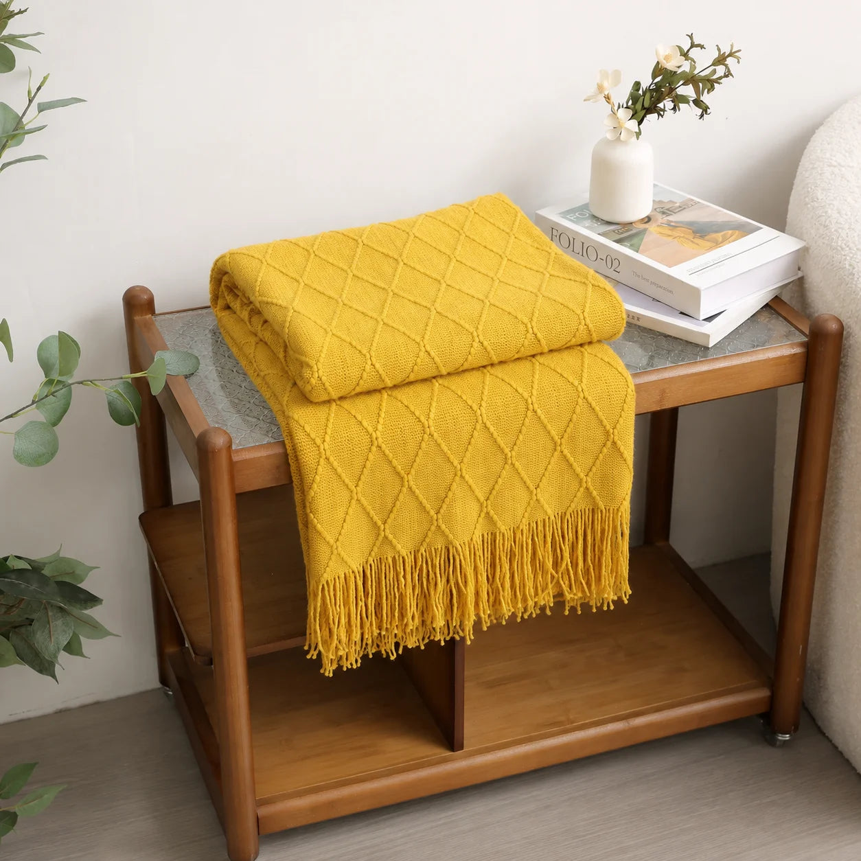Cream Popcorn Bobble Textured Knit Throw Blanket with Tassel Fringe,