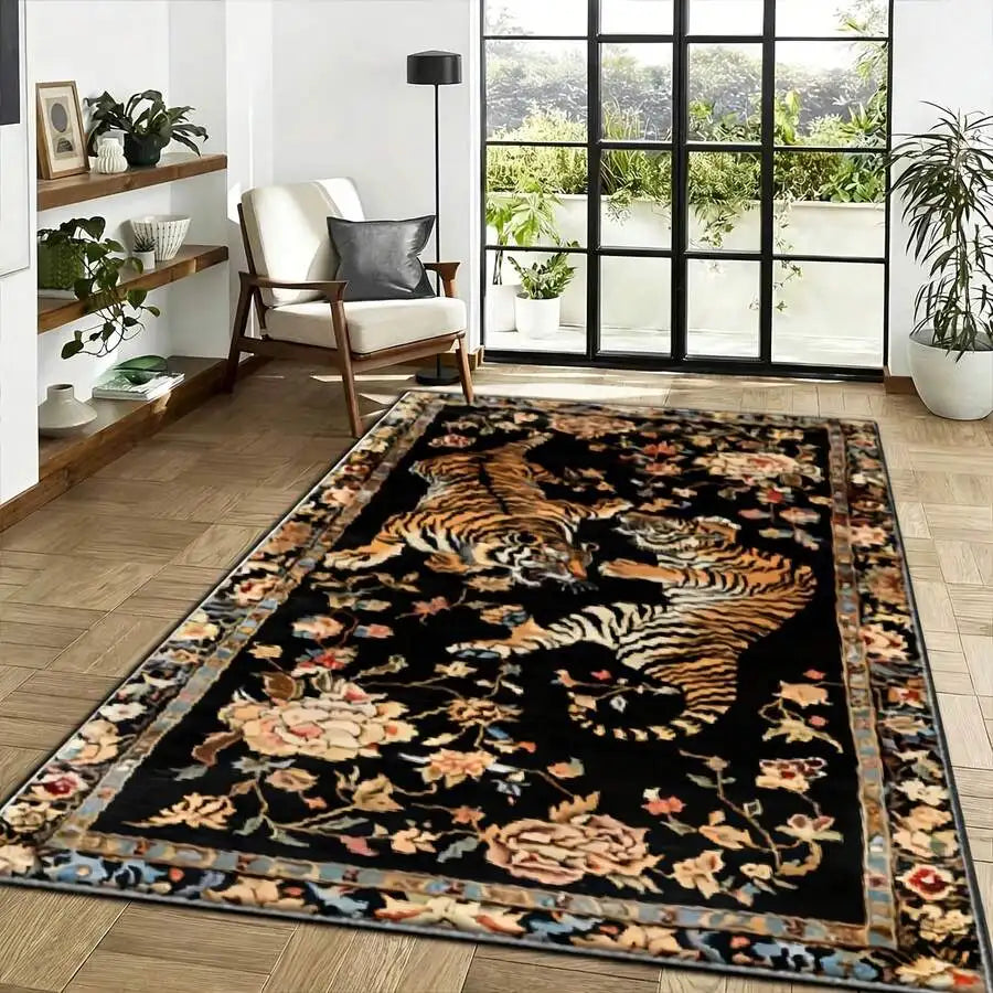 Pink Tiger Floral Pattern Flannel Rug, 2D Digital Print, Non-Slip