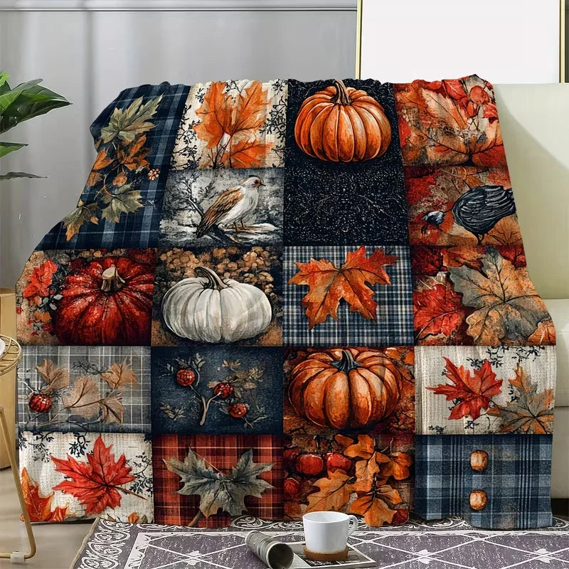 Fall Pumpkin Maple Leaf Patchwork Throw Blanket