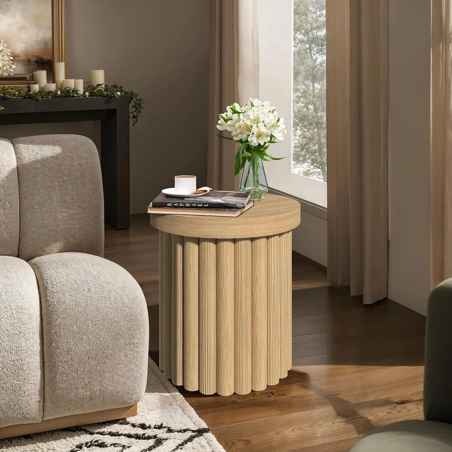 Wood Round Side Table, 19" Fluted End Table