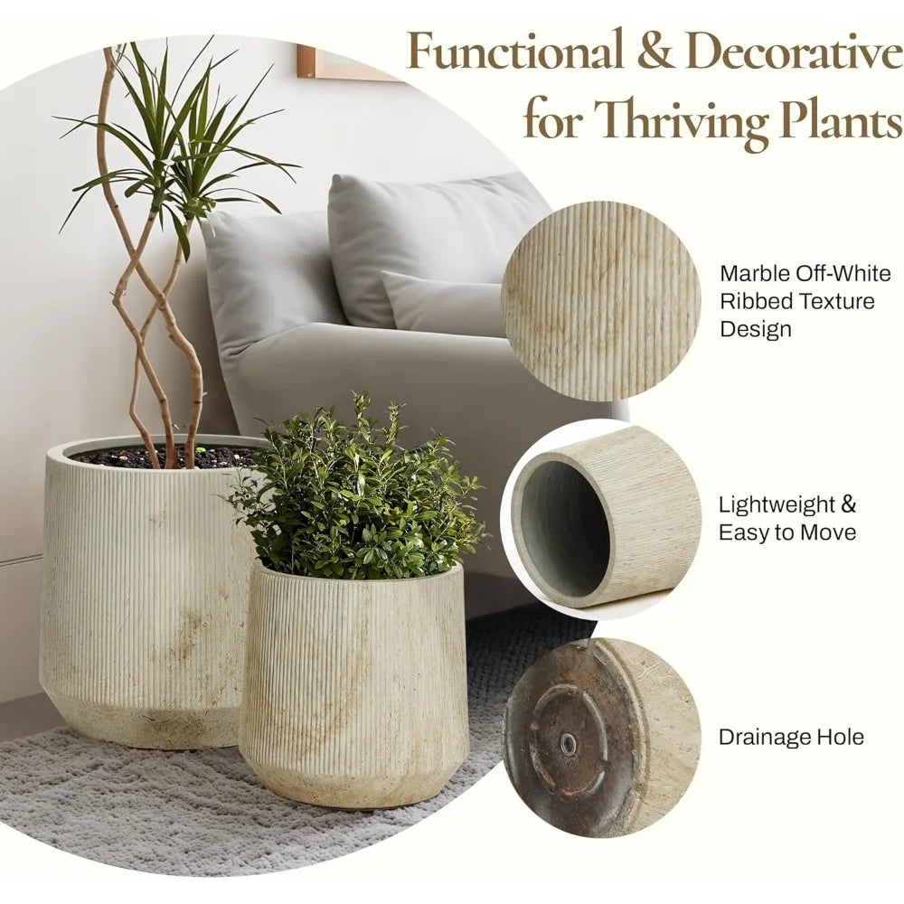 Round Planters, Set of 2 Large Outdoor, Drainage Hole
