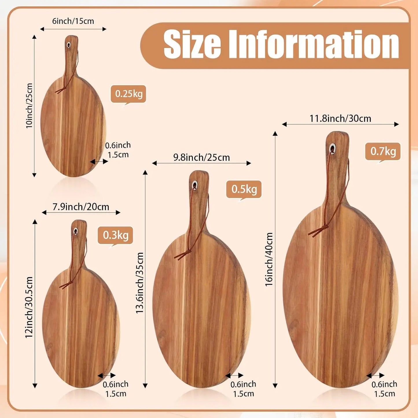 20 Pcs Round Acacia Wood Cutting Board Set with Handle