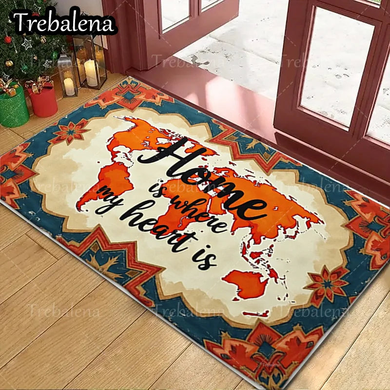 1pc Welcome Door Mat World Map Floral Border Area Rug