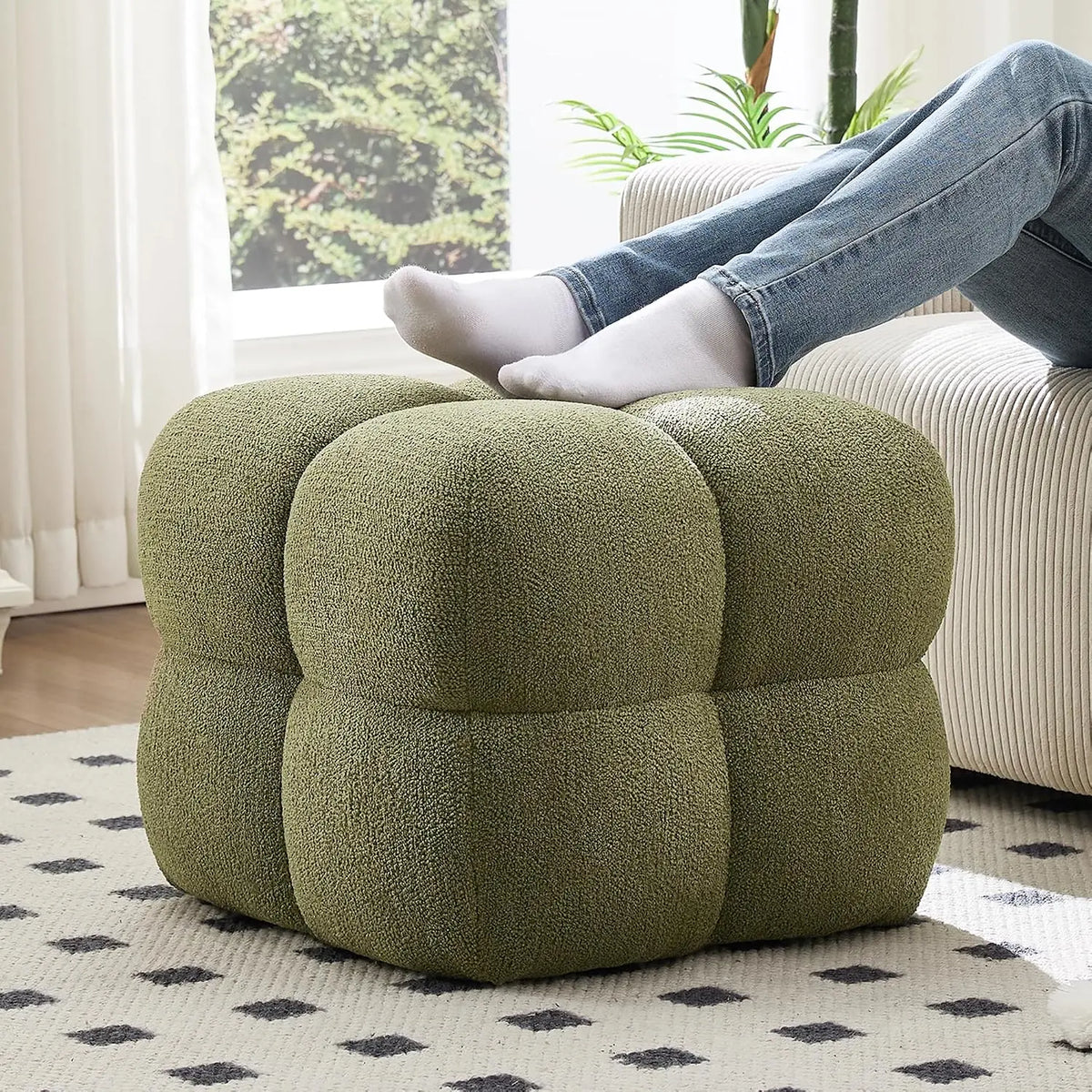 Fuzzy Ottoman Square Sherpa Pouf Tufted Boucle Fabric
