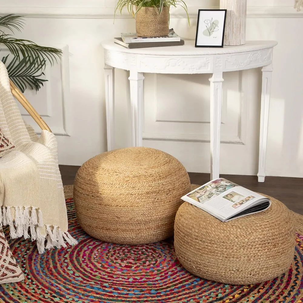 Jute Circular Low Pouf Ottoman - Braided Footrest Set of 2 Natural (18"X18"X10")