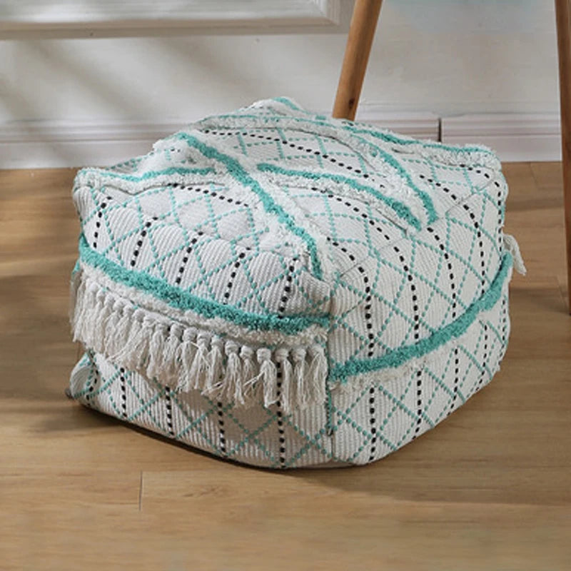 Square Multi-Pattern Moroccan Cotton And Linen Footstool