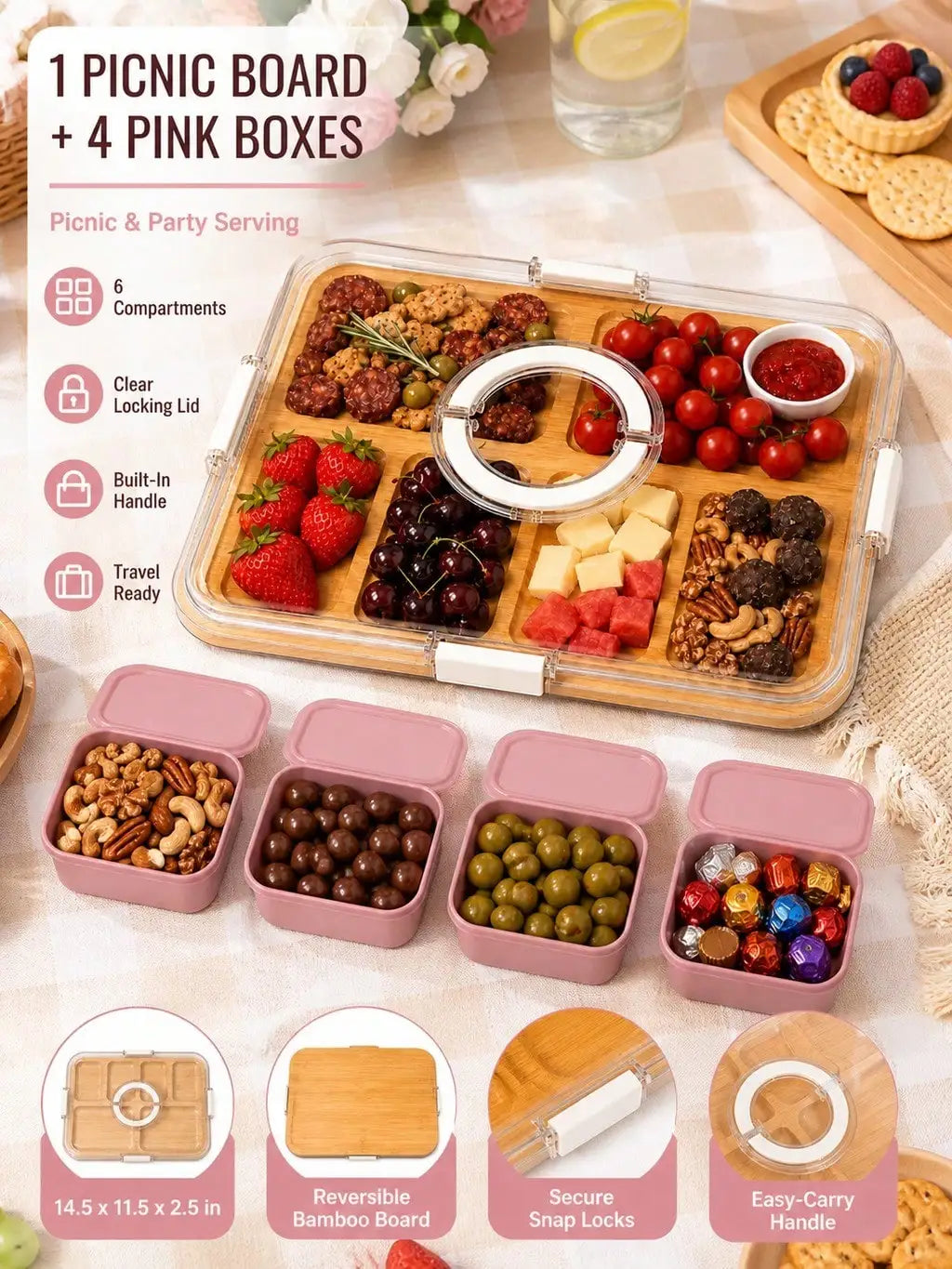 Portable Bamboo Charcuterie Board Set with Clear Lid