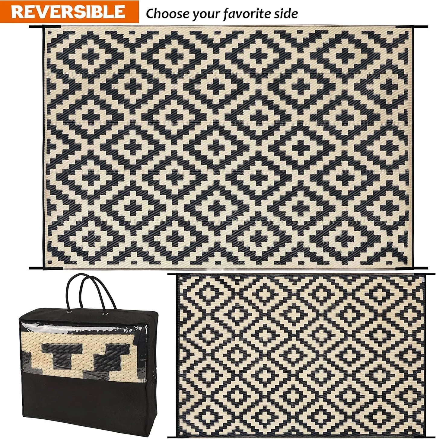 Reversible Plastic Straw Rug,  Black & Beige, 6' x 9'