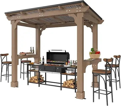 8' x 5' Wooden Grill Gazebo with Sloping Metal Roof, Hard Top