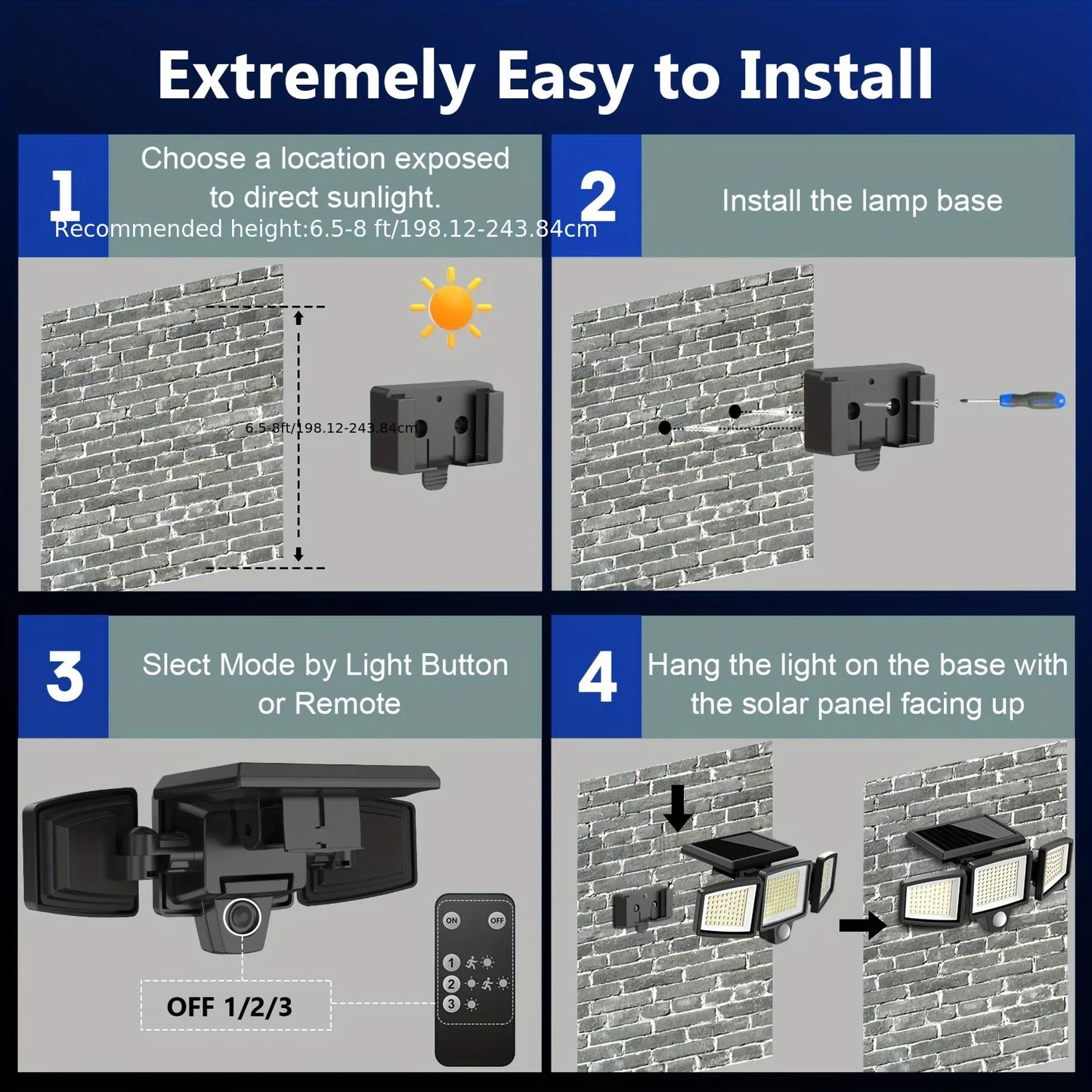 (1/2/3 Pack) 3-Head Solar Outdoor Light, Wireless Remote Control