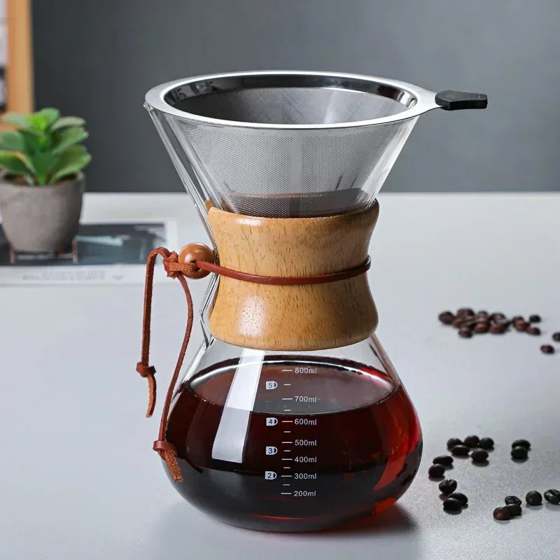 Hand Glass Coffee Kettle - Stainless Steel Filter Drip