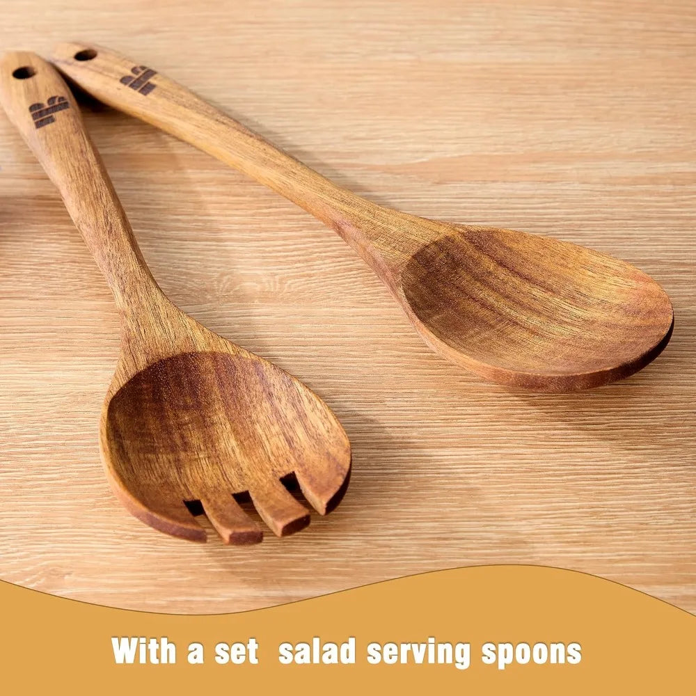 Large Acacia Wood Salad Bowl Set with Utensils, 12.5"