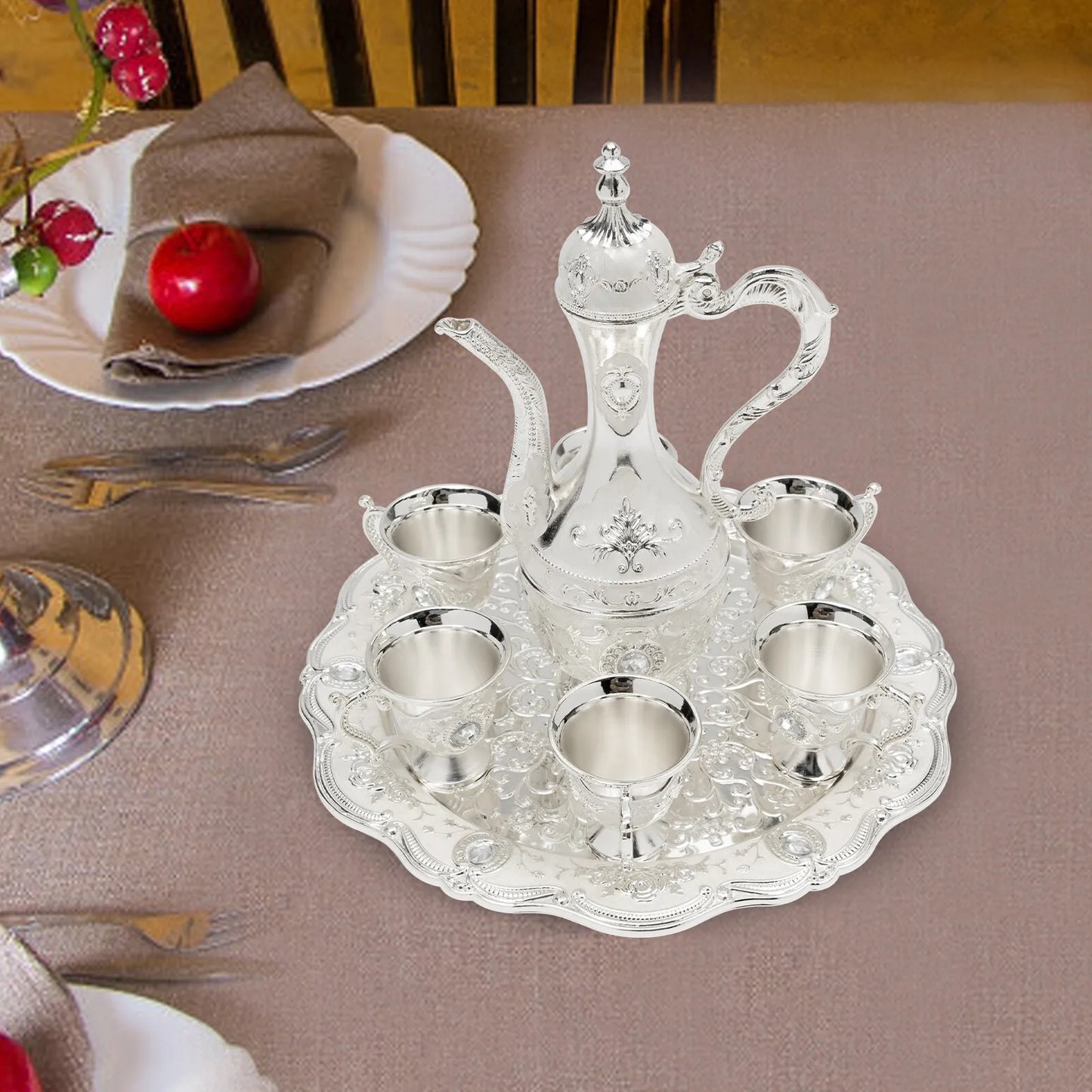 Antique Style Silver Tea Set Including Teapot, 6 Cups & Tray