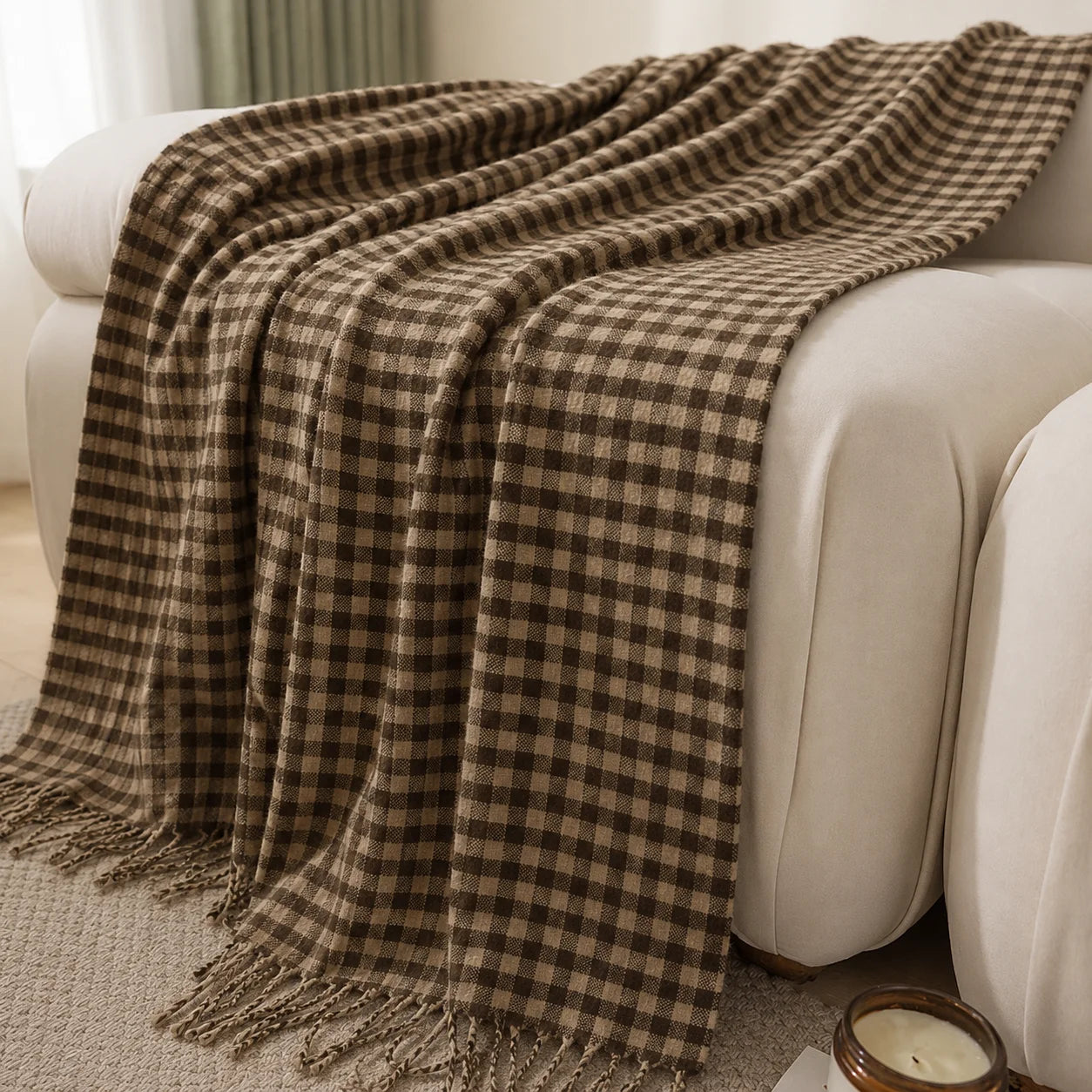 Textured Knit Throw Blanket with Tassel Fringe, Soft Knitted Decorative Blanket,