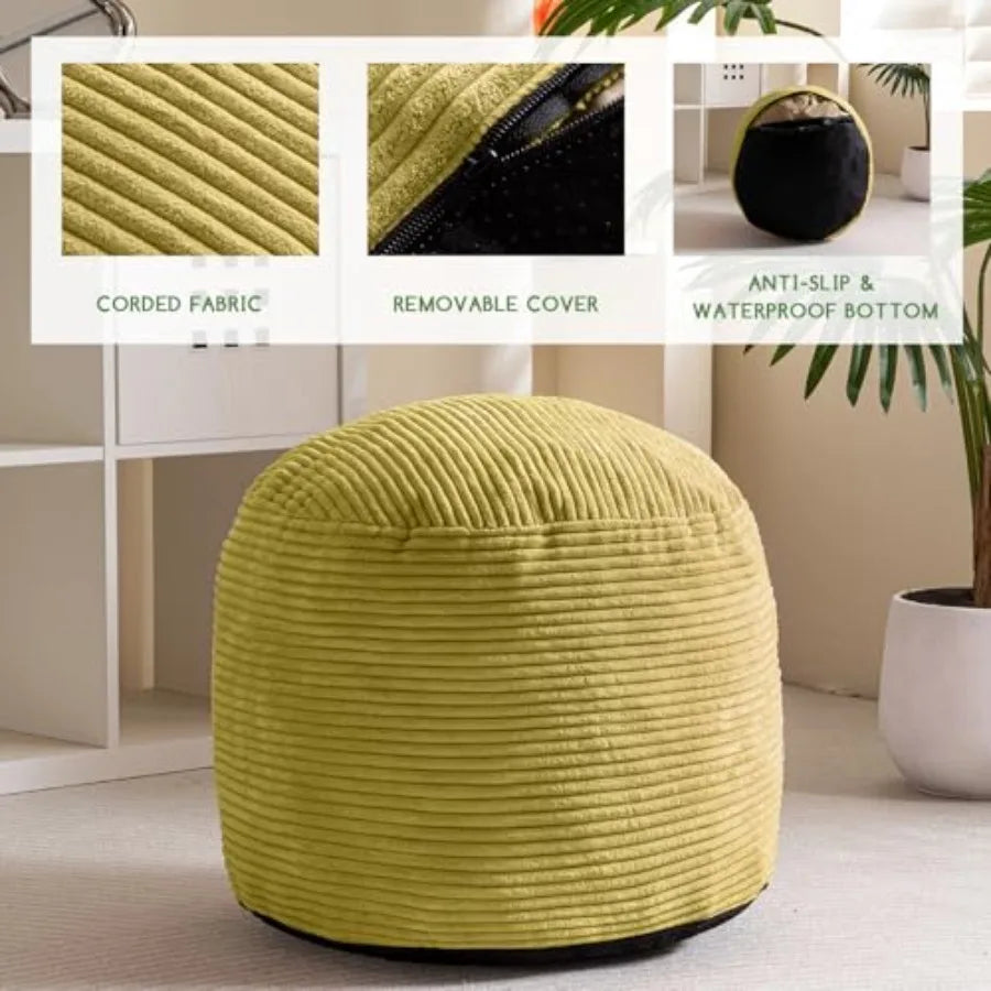 Round Stuffed Pouf Ottoman, Corduroy Poufs with Foam Chunk Filling,20 X 15 F