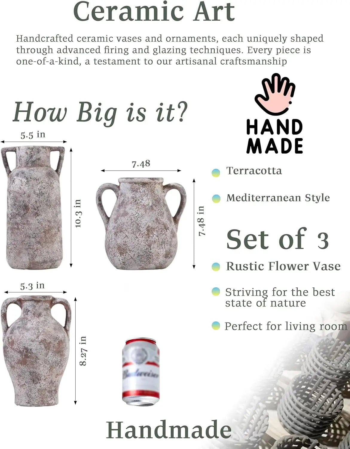 Set of 3 Handmade Ceramic Vases, with Handles, Glazed Interior
