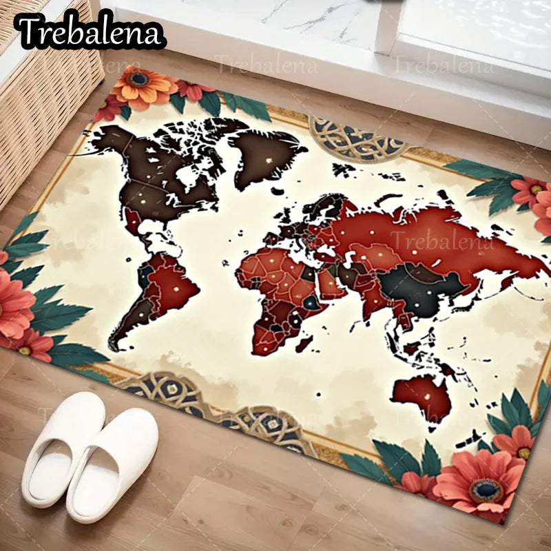1pc Welcome Door Mat World Map Floral Border Area Rug