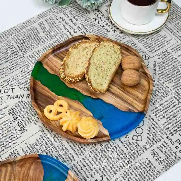 Acacia wood epoxy resin craft tray; tea tray; round plate; resin river