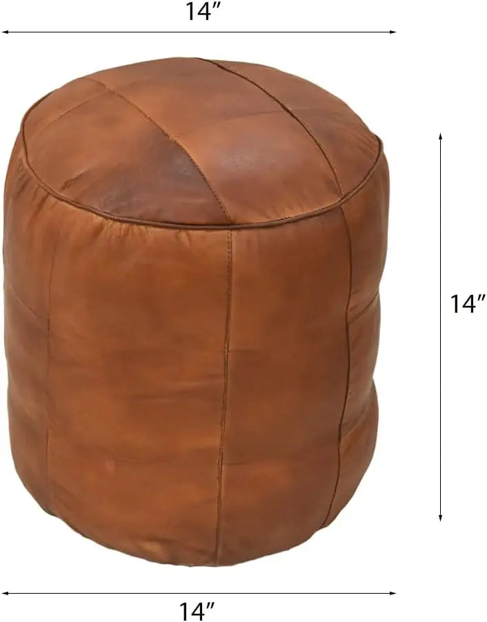 Round Shaped Leather Handmade  Cognac Pouf , 14" x 14"x 14",