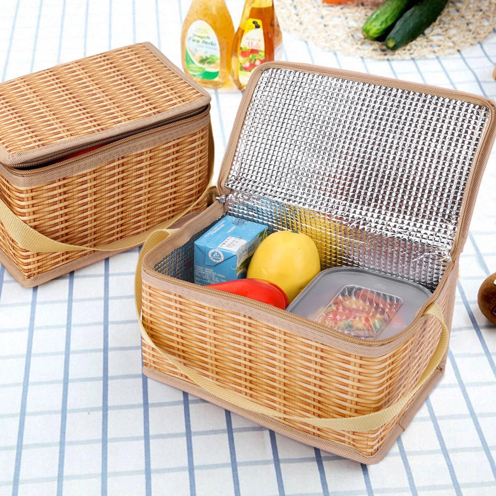 Portable Wicker Rattan Outdoor Camp Picnic Bag Basket