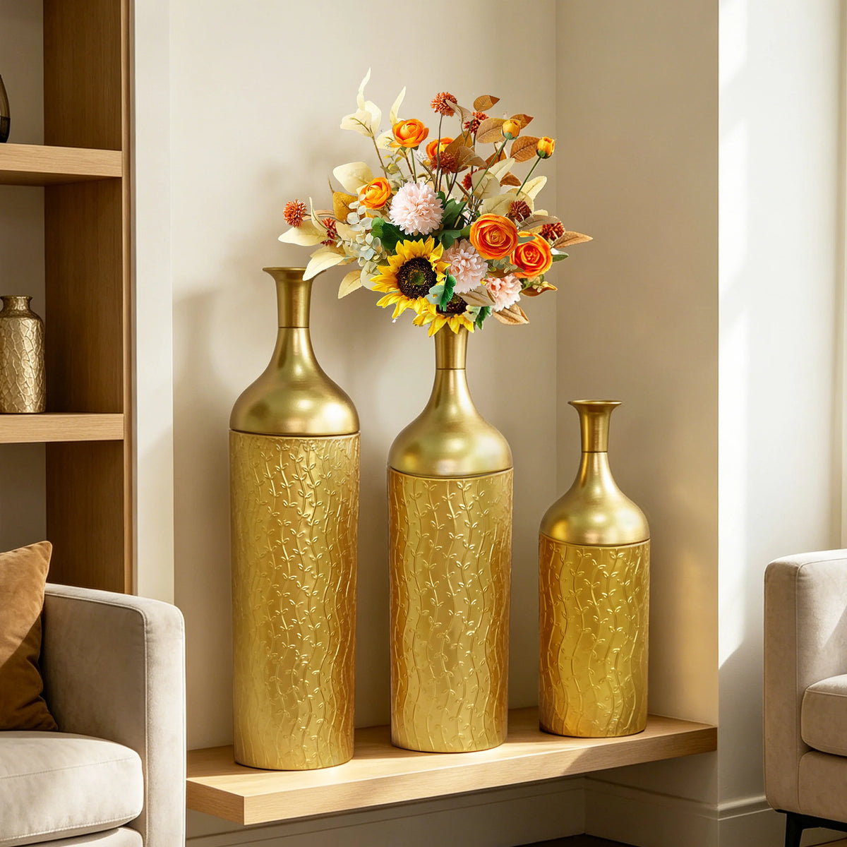 White Metal Floor Vases Set of 3, Tall Gold Leaf