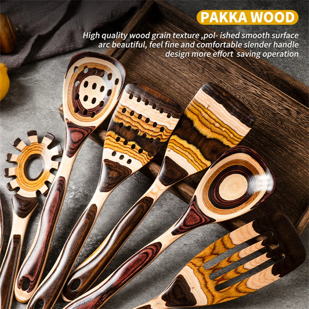 7-Piece Brown Utensils Set –, Wooden Spoons Utensil