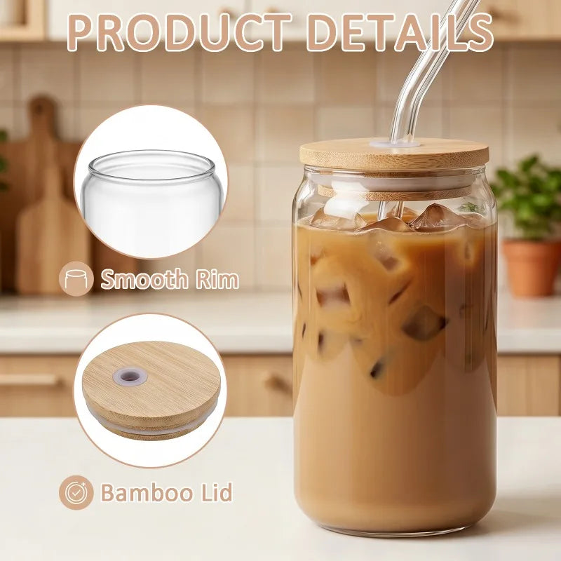 8 Pack Can‑Shaped Glass Cups Set with Bamboo Lids, Clear Iced Coffee Drinking Glass Tumbl