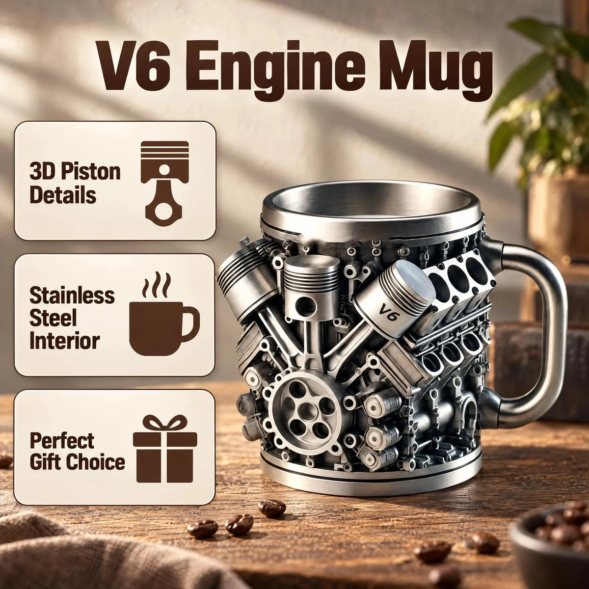 V6 Engine Stainless Steel Coffee Mug, 3D Metal