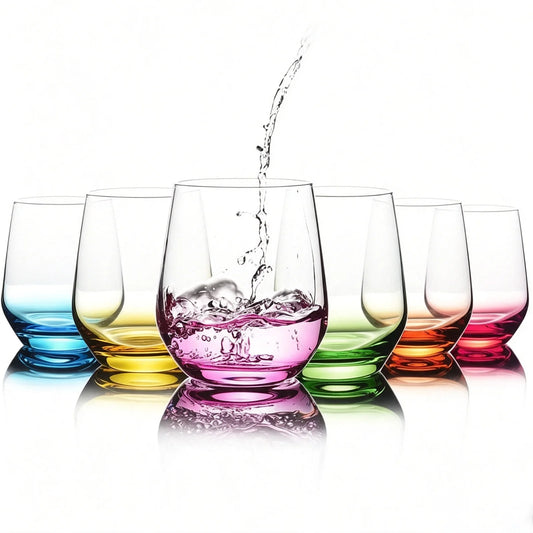 Stemless Wine Glasses Set of 6 - Hand-Blown Colored Short Wine Tumblers - 15 Oz