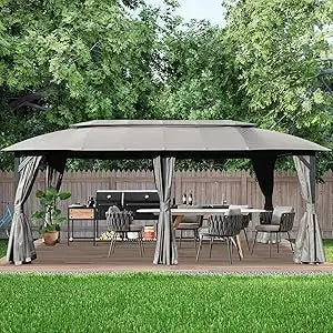 Gazebo 10x20FT, Outdoor Gazebo with Double Roofs, Privacy Curtains