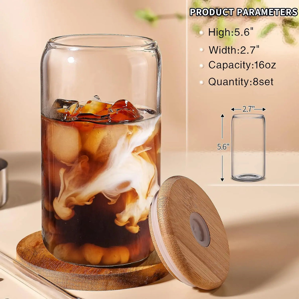 Drinking Glasses with Glass Straw 8pcs Set - 16oz Highball Glass Cups, Beer Glasses