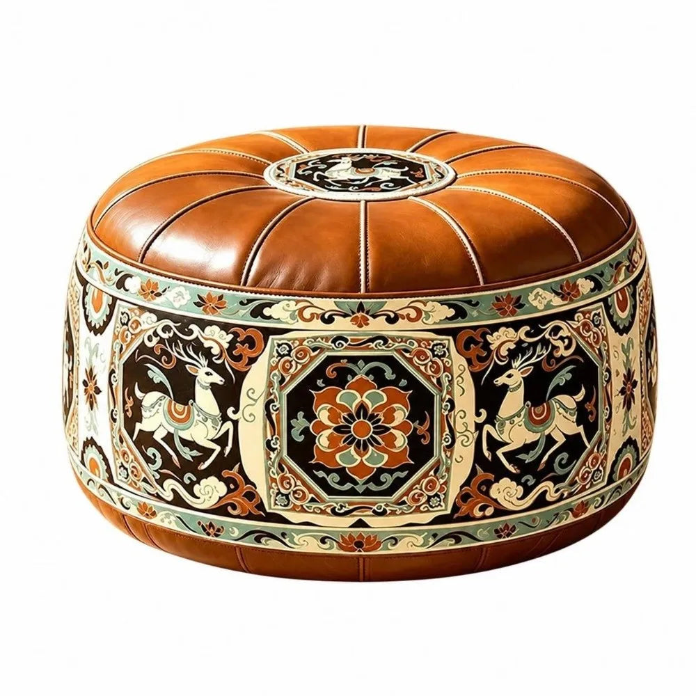 Leather Fillable Ottoman Pouf Round Shape Moroccan Style Storage