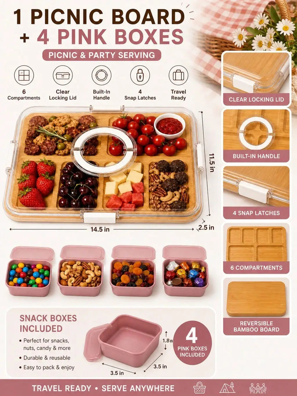 Portable Bamboo Charcuterie Board Set with Clear Lid