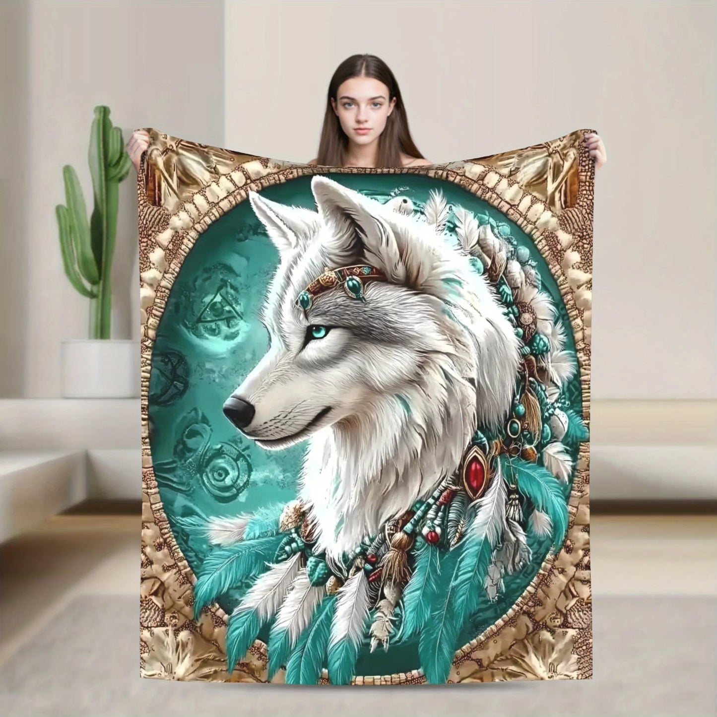 1pc Majestic White Wolf Design Cooling Throw Blanket Flannel