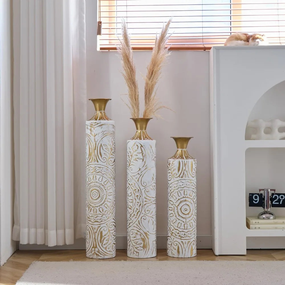 Set of 3 White & Gold Metal Vases - , 24in/28.7in/33.5in Tall