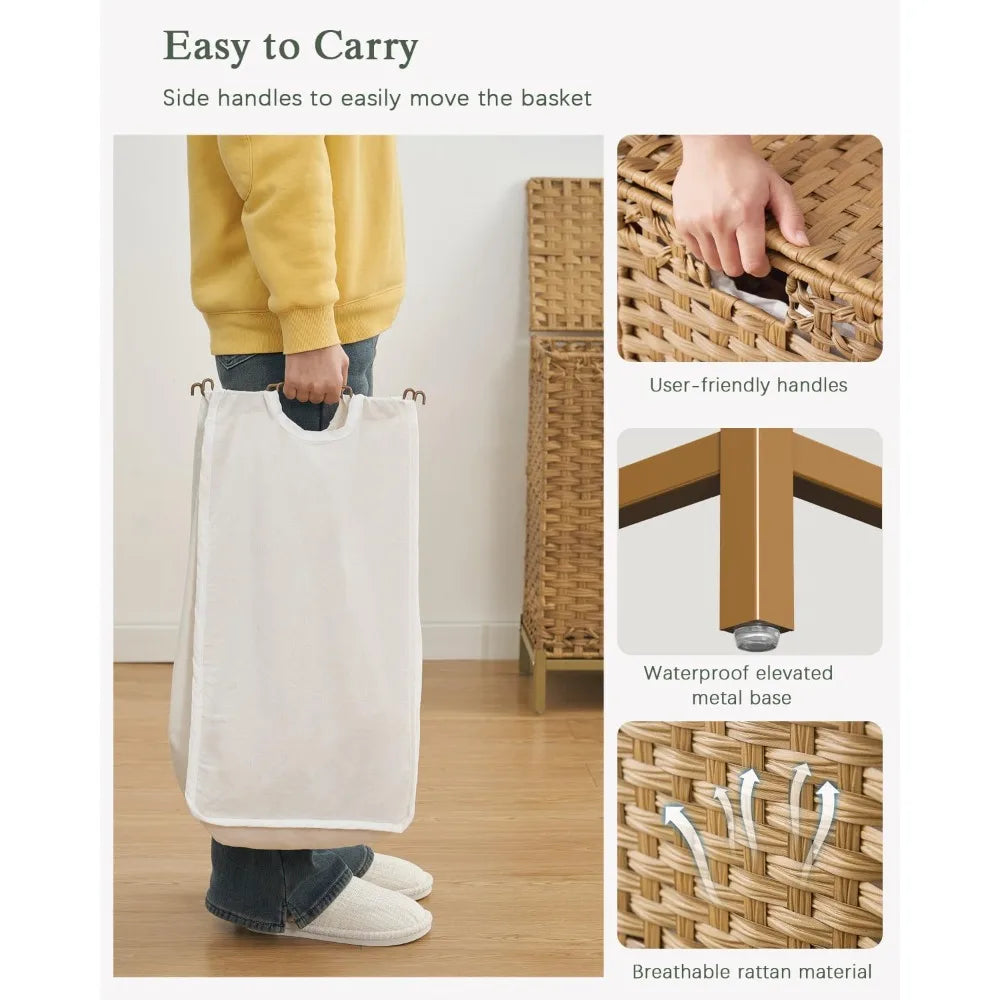 Laundry Hamper with Lid, 112 L Handwoven Rattan Wicker