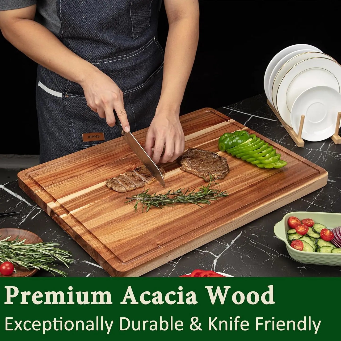 XL Acacia Wood Cutting Board Thick with Side Handles