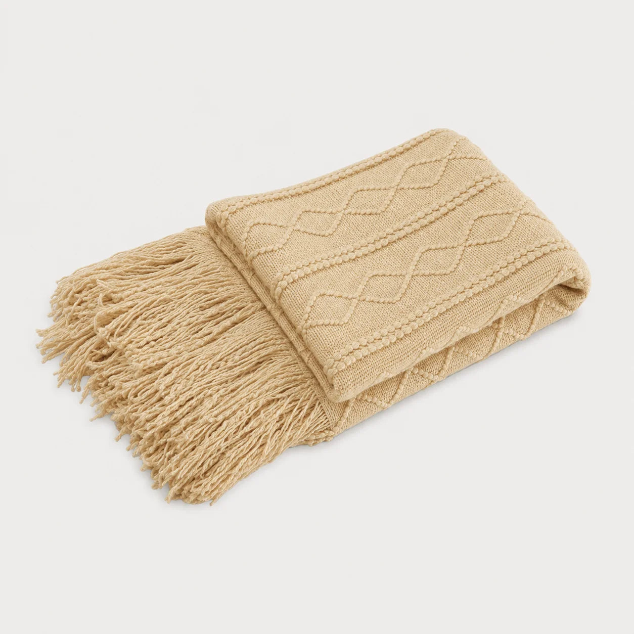 Khaki Popcorn Bobble Textured Knit Throw Blanket with Tassel Fringe, Soft Knitted Decorative Blanket, Lightweight Cozy Cover for Couch Sofa Bed, Boho Farmhouse Home Decor for Living Room Bedroom