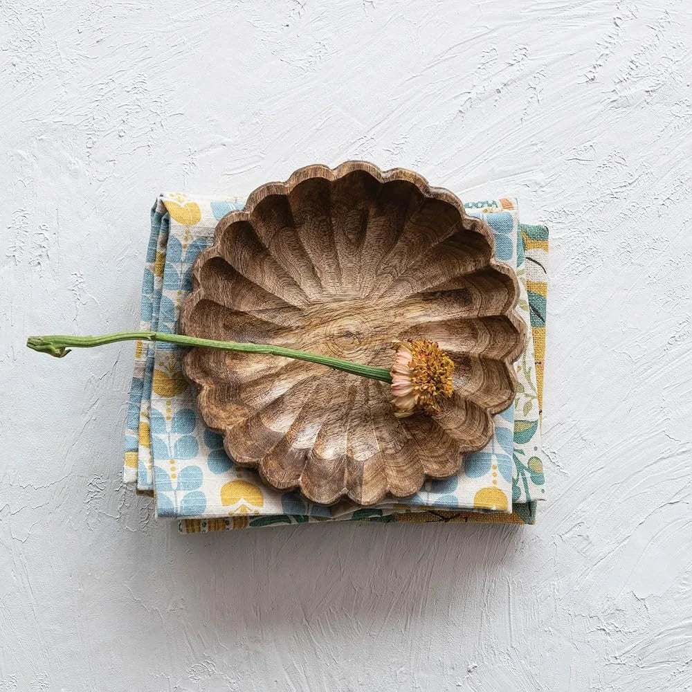 Boho Carved Wood Bowl Scalloped Edge Food Safe Mango Wood Decorative Centerpiece Modern Scandinavian Design 8 Inch