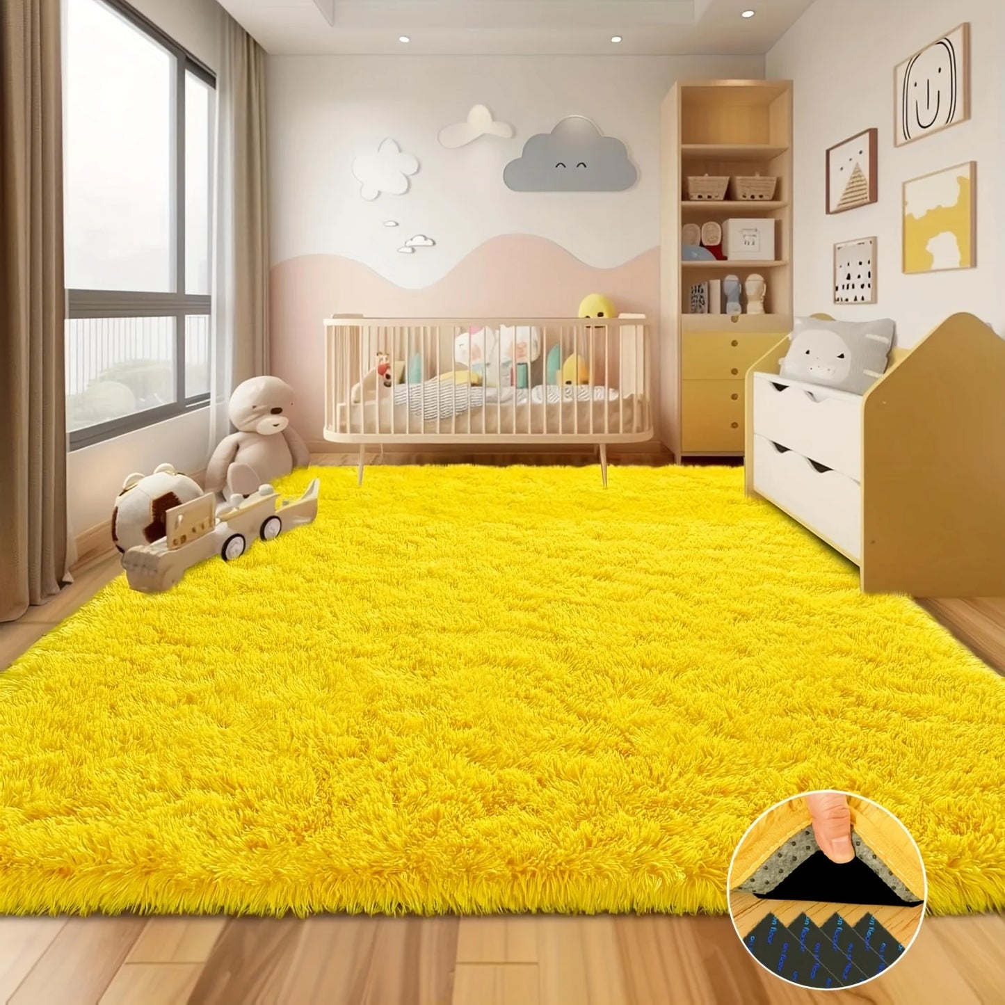 Ideal Room Decor Rug,Yellow Soft Shaggy Non-Slip - 4 Rug Stickers